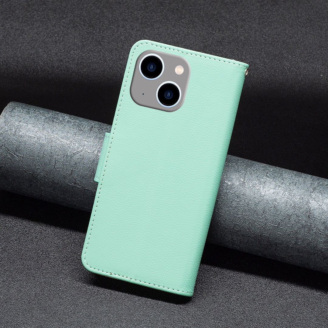 Uniqkart for iPhone 15 Plus Dustproof PU Leather Cell Phone Cover Wallet Litchi Texture Flip Stand Case with Strap - Green Uniqkart for iPhone 15 Plus Dustproof PU Leather Cell Phone Cover Wallet Litchi Texture Flip Stand Case with Strap - Green